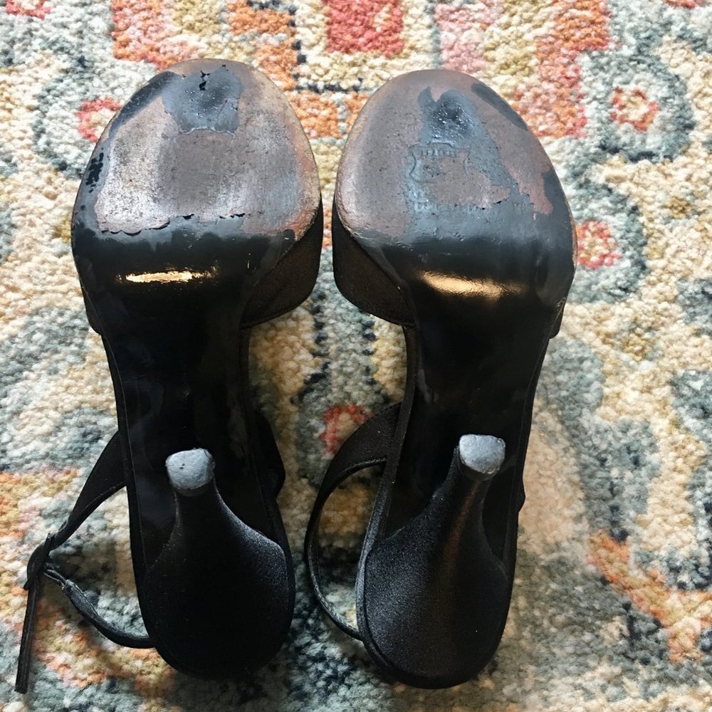 STUART WEITZMAN Black Satin Sling Back Pumps Heels Shoes Rhinestone Peep Toe 5 - Picture 6 of 9